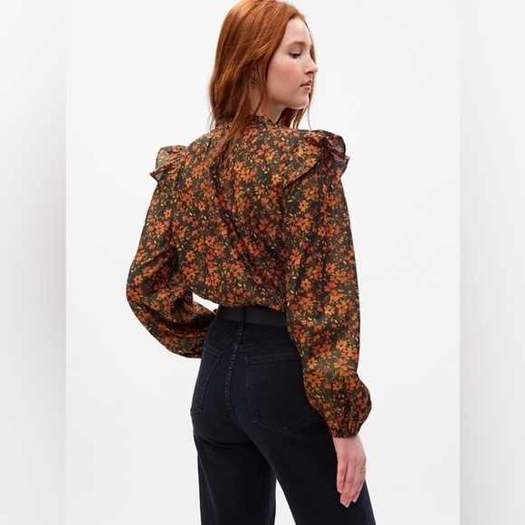 GAP NWT Ruffle Shirt Metallic Cornucopia Red & Black Floral Small - Picture 3 of 9